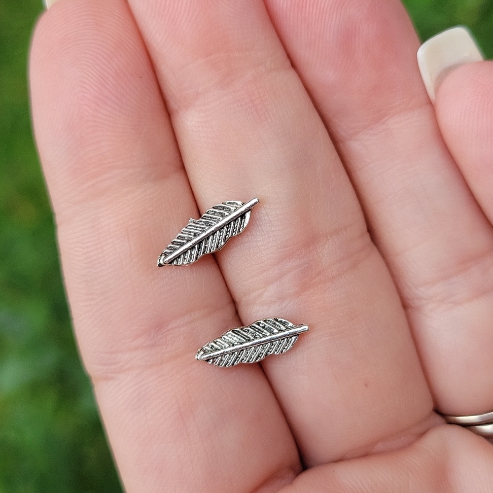 Dainty Silver Feather Post Earrings, unisex